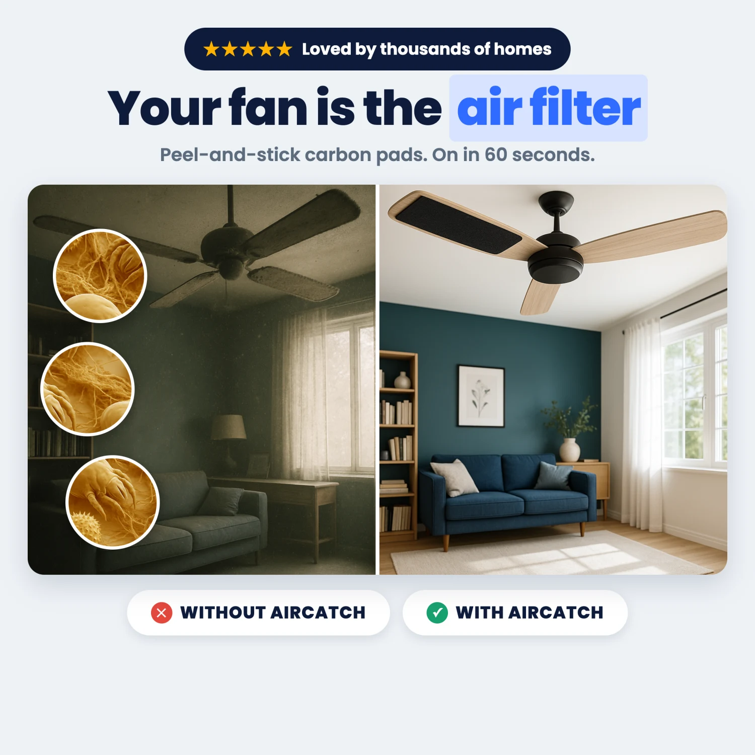 Your fan is the air filter — without vs with AirCatch